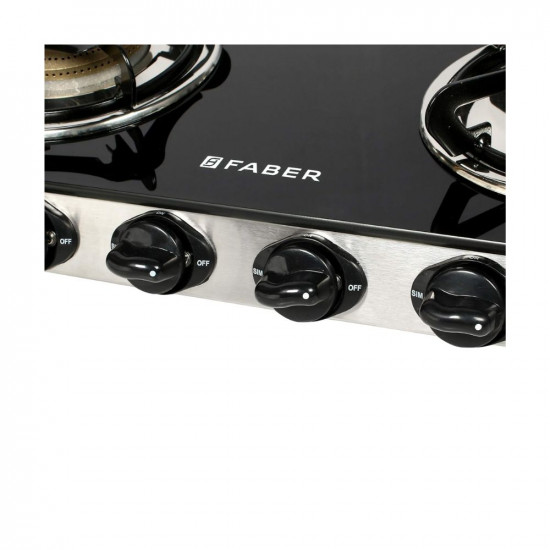 Faber Gas Stove 4 Burner Glass Cooktop (Jumbo 4BB SS) Manual Ignition, Steel Frame Body, Black
