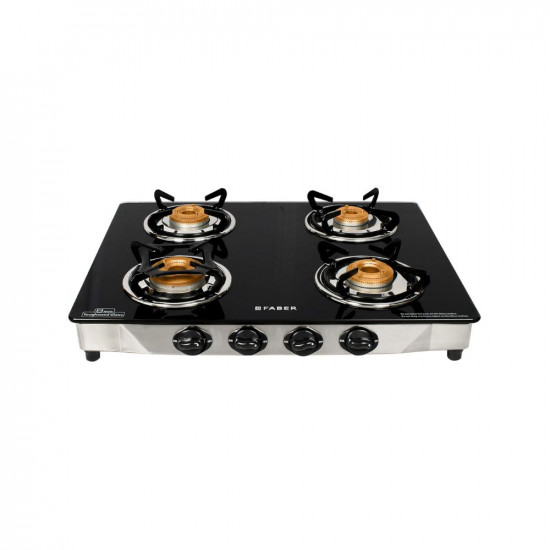 Faber Gas Stove 4 Burner Glass Cooktop Jumbo 4BB SS Manual Ignition Steel Frame Body Black