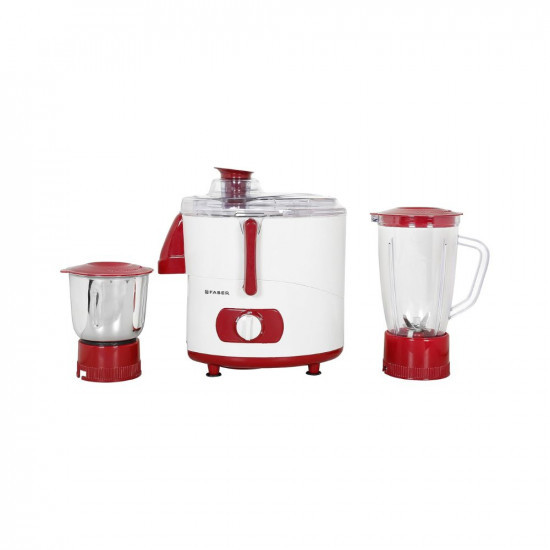 Faber Regal Trend 500W Juicer Mixer Grinder  18000 RPM 3-Speed Control Double Lock Technology  2 Multipurpose Jars High Performance Blade Micromesh Juicing Sleeve Spatula  White  Cherry Red