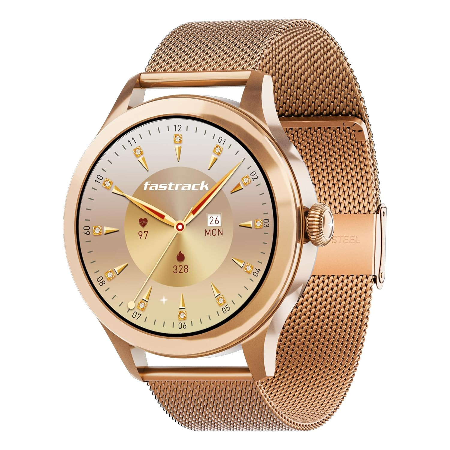Fastrack Noir Pro Womens Smart Watch 30 cm Super AMOLED Display 390390 Resolution 100 Sports Modes SOS BT Calling Female Health MonitorIP68 5-Day Battery 100 Smartwatch Faces Rose Gold