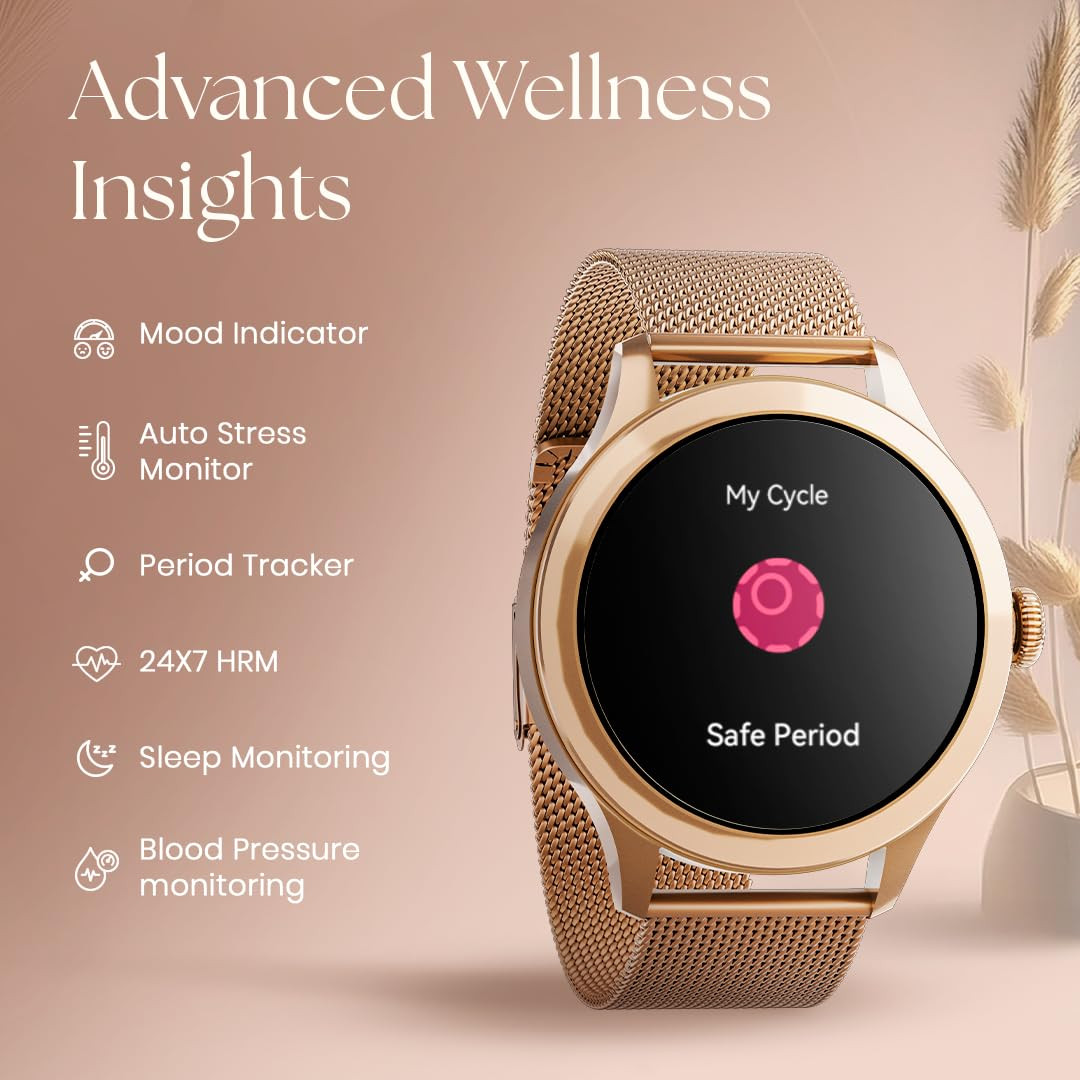 Fastrack Noir Pro Womens Smart Watch 30 cm Super AMOLED Display 390390 Resolution 100 Sports Modes SOS BT Calling Female Health MonitorIP68 5-Day Battery 100 Smartwatch Faces Rose Gold