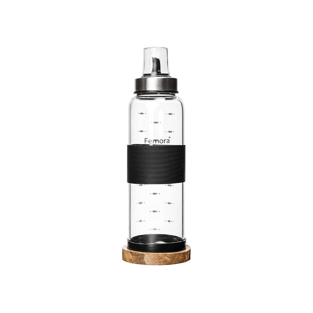 Femora Borosilicate Glass Leak Proof Oil Dispenser for Cooking with Stainless Steel Metallic Lid, Capacity: 500Ml, Transparent