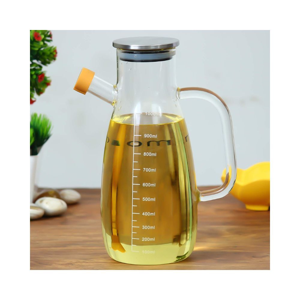 Femora Borosilicate Glass Oil Dispenser and Stoppers Bottle with Handle, Capacity: 1000 ml, Transparent