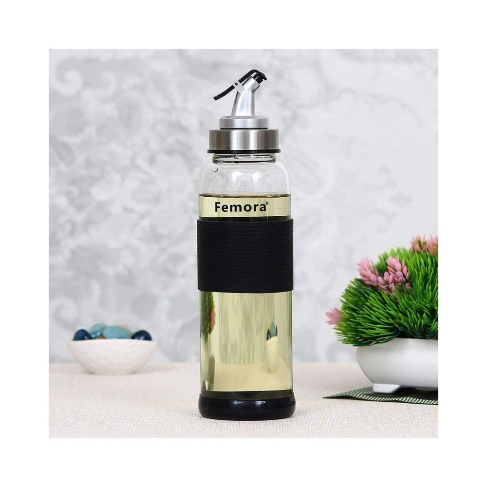 Femora Borosilicate Glass Spill Proof Oil Dispenser for Cooking with Lid, Capacity: 1000Ml, Transparent