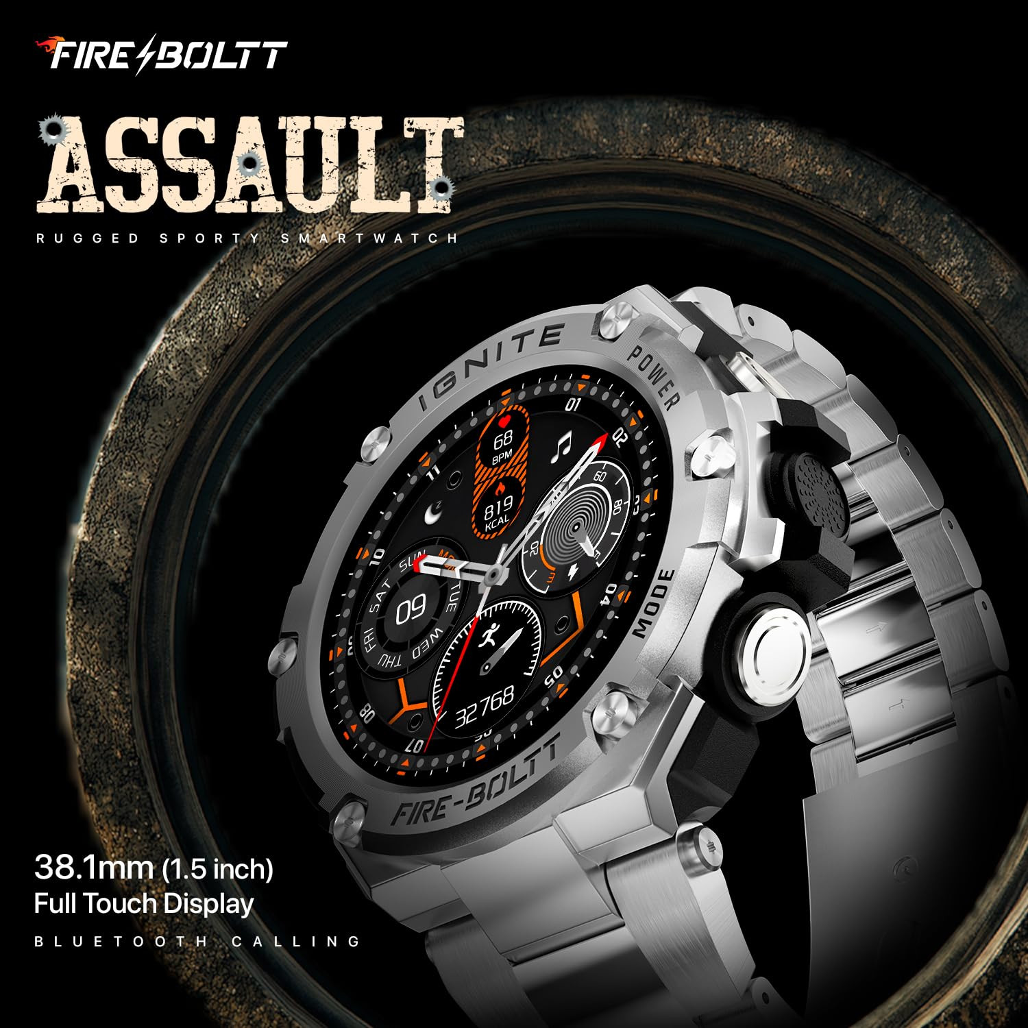 Fire-Boltt Assault Rugged Smartwatch  15 HD Display Bluetooth Calling 600mAh Battery Compass Heart Rate  SpO2 Monitoring 7-10 Days Battery Life Heavy Metal Sports Design