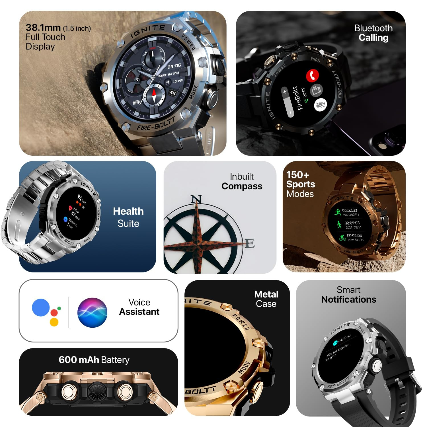Fire-Boltt Assault Rugged Smartwatch  15 HD Display Bluetooth Calling 600mAh Battery Compass Heart Rate  SpO2 Monitoring 7-10 Days Battery Life Heavy Metal Sports Design