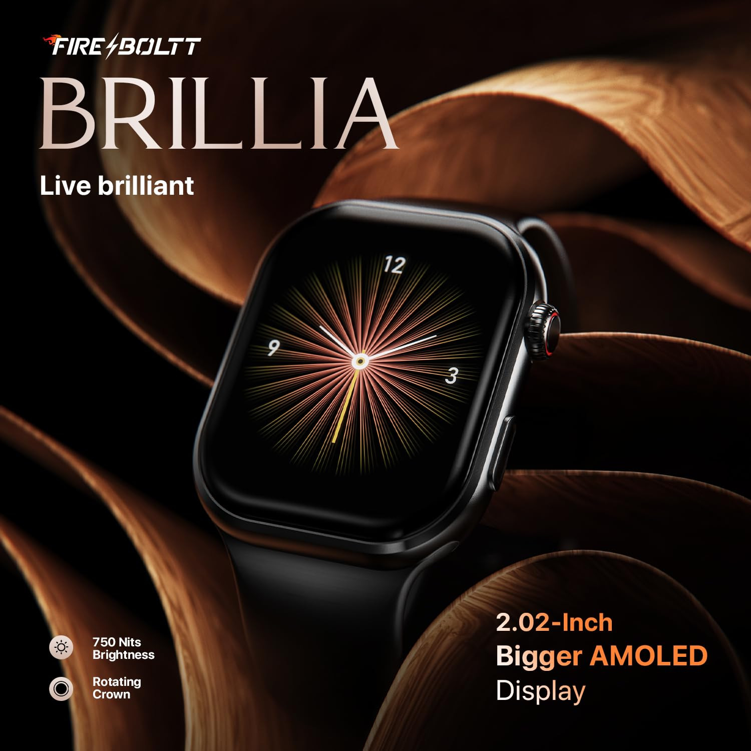 Fire-Boltt Brillia Smart Watch with 513mm 202 inch AMOLED Display Bluetooth Calling SpO2 Heart Rate Monitoring 120 Sports Modes Brillia Black