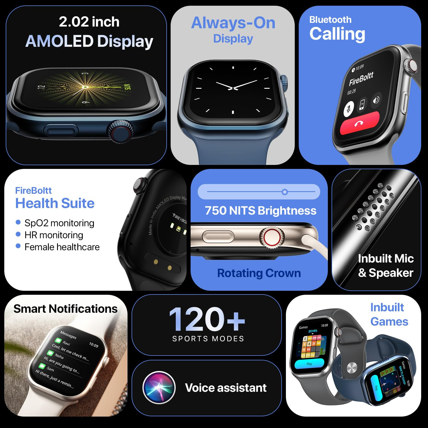 Fire-Boltt Brillia Smart Watch with 513mm 202 inch AMOLED Display Bluetooth Calling SpO2 Heart Rate Monitoring 120 Sports Modes Brillia Black