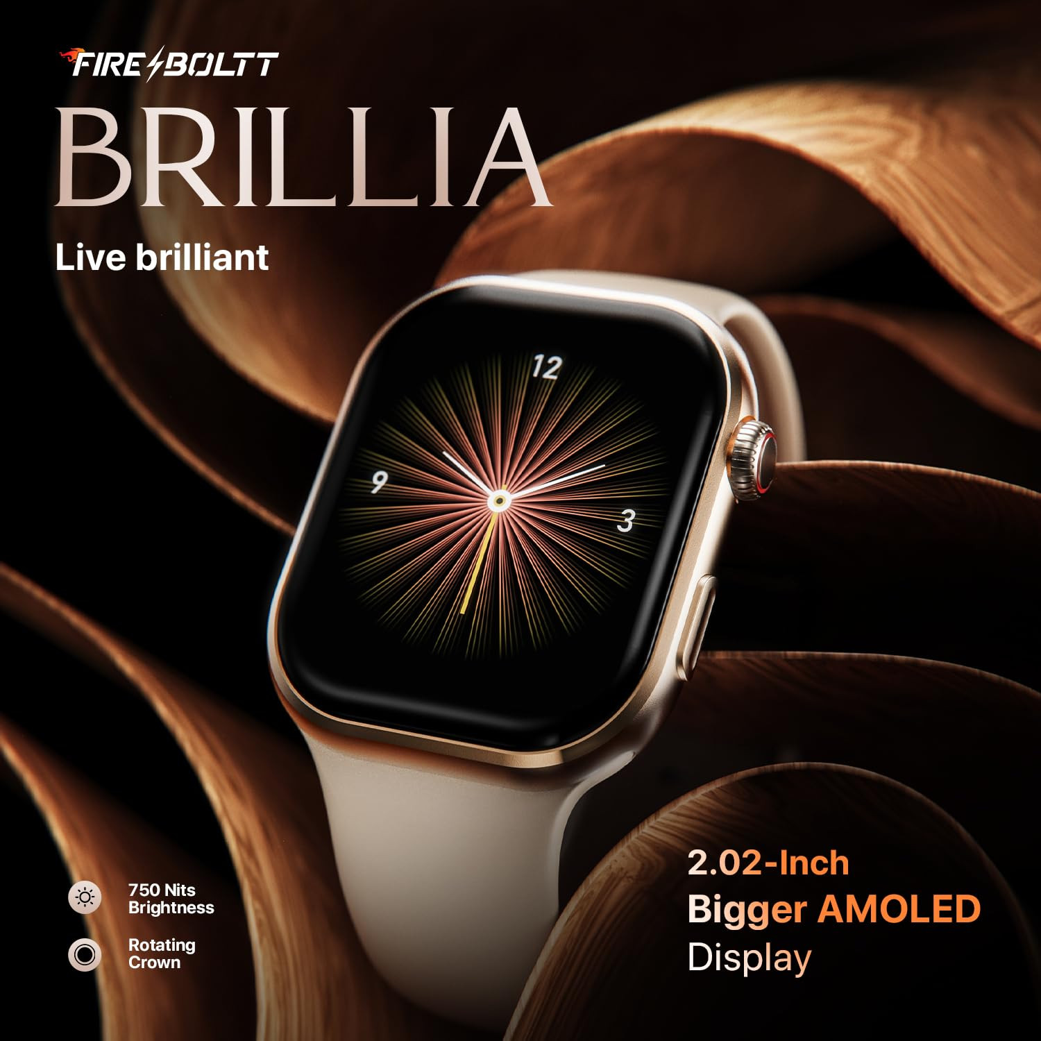 Fire-Boltt Brillia Smart Watch with 513mm 202 inch AMOLED Display Bluetooth Calling SpO2 Heart Rate Monitoring 120 Sports Modes Brillia Beige