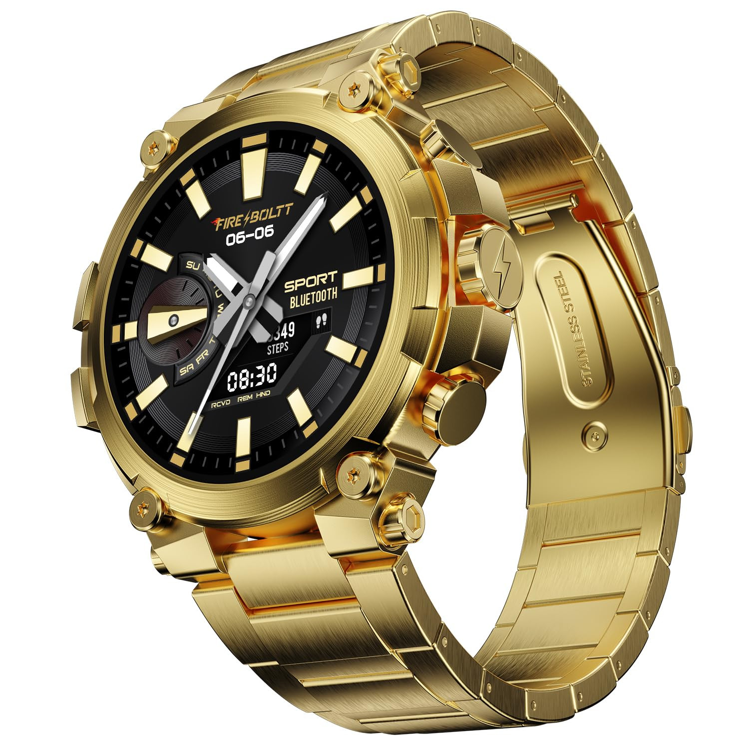 Fire-Boltt Dominian 363mm 143 inch AMOLED Display Stainless Steel Design 466  466 px Resolution Bluetooth Calling Multiple Sports Modes Health Mode IP67 Weather Updates Gold