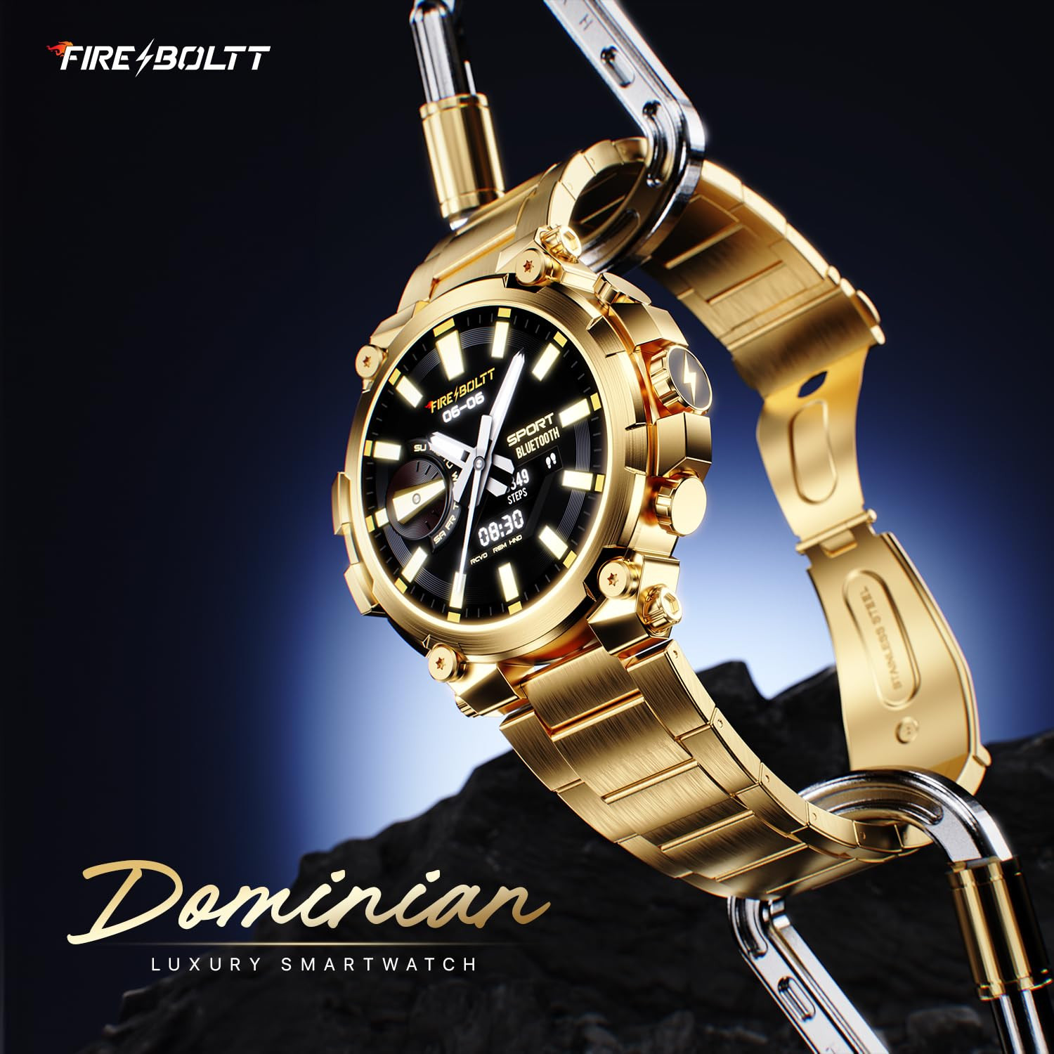 Fire-Boltt Dominian 363mm 143 inch AMOLED Display Stainless Steel Design 466  466 px Resolution Bluetooth Calling Multiple Sports Modes Health Mode IP67 Weather Updates Gold