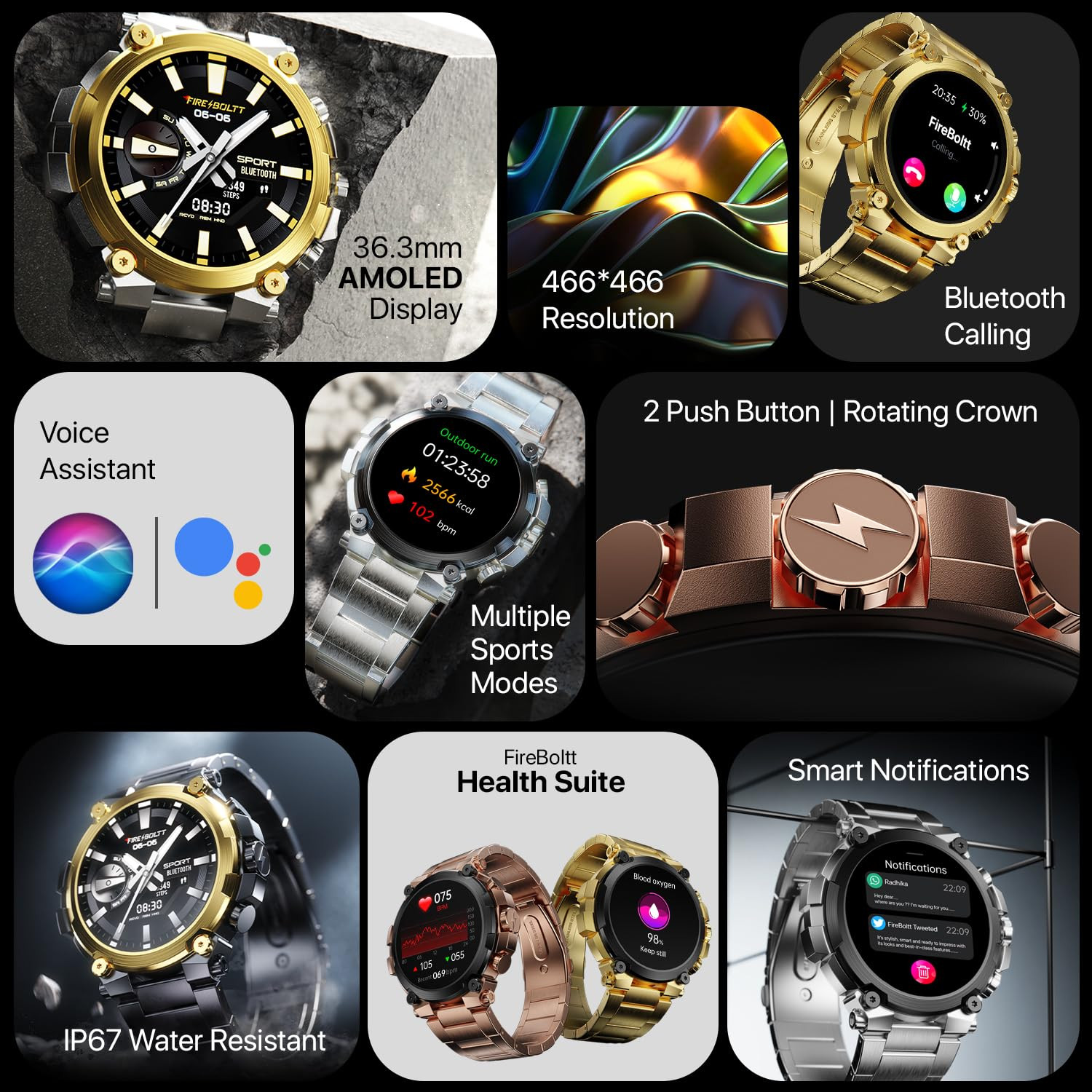 Fire-Boltt Dominian 363mm 143 inch AMOLED Display Stainless Steel Design 466  466 px Resolution Bluetooth Calling Multiple Sports Modes Health Mode IP67 Weather Updates Gold
