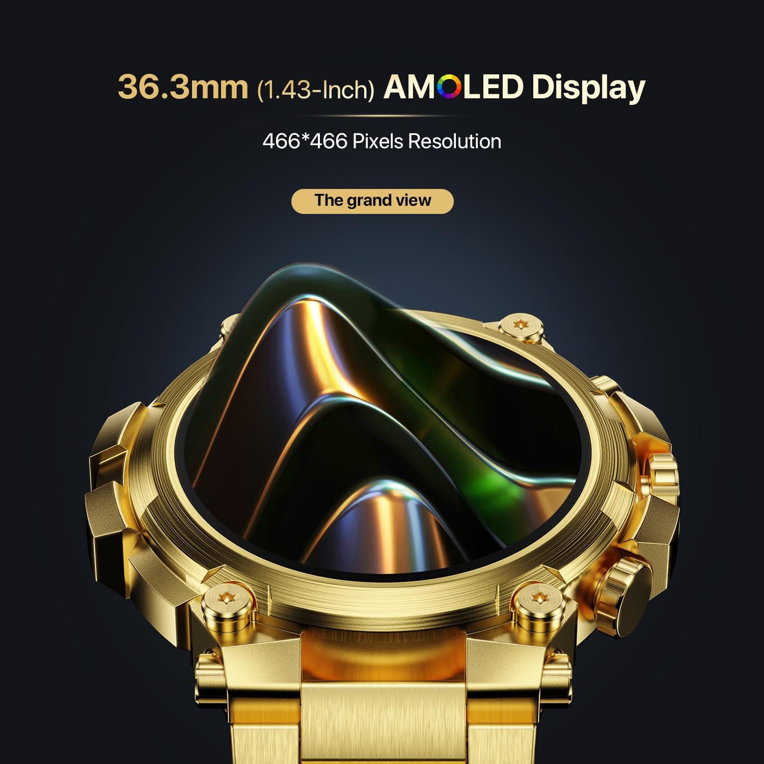 Fire-Boltt Dominian 363mm 143 inch AMOLED Display Stainless Steel Design 466  466 px Resolution Bluetooth Calling Multiple Sports Modes Health Mode IP67 Weather Updates Gold