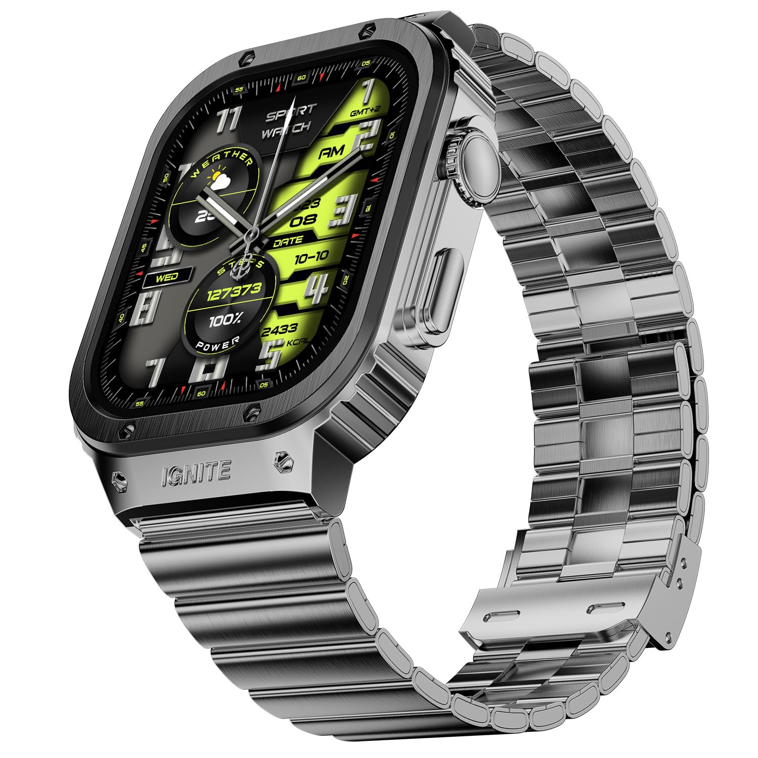 Fire-Boltt Maverick Smartwatch 51308mm 202 inch IPS Display Luxury Stainless Steel Look 320x385 Pixel Resolution Bluetooth Calling Voice Assistant Black Silver
