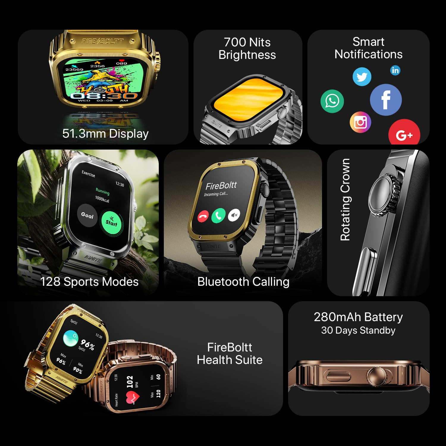 Fire-Boltt Maverick Smartwatch 51308mm 202 inch IPS Display Luxury Stainless Steel Look 320x385 Pixel Resolution Bluetooth Calling Voice Assistant Black Silver
