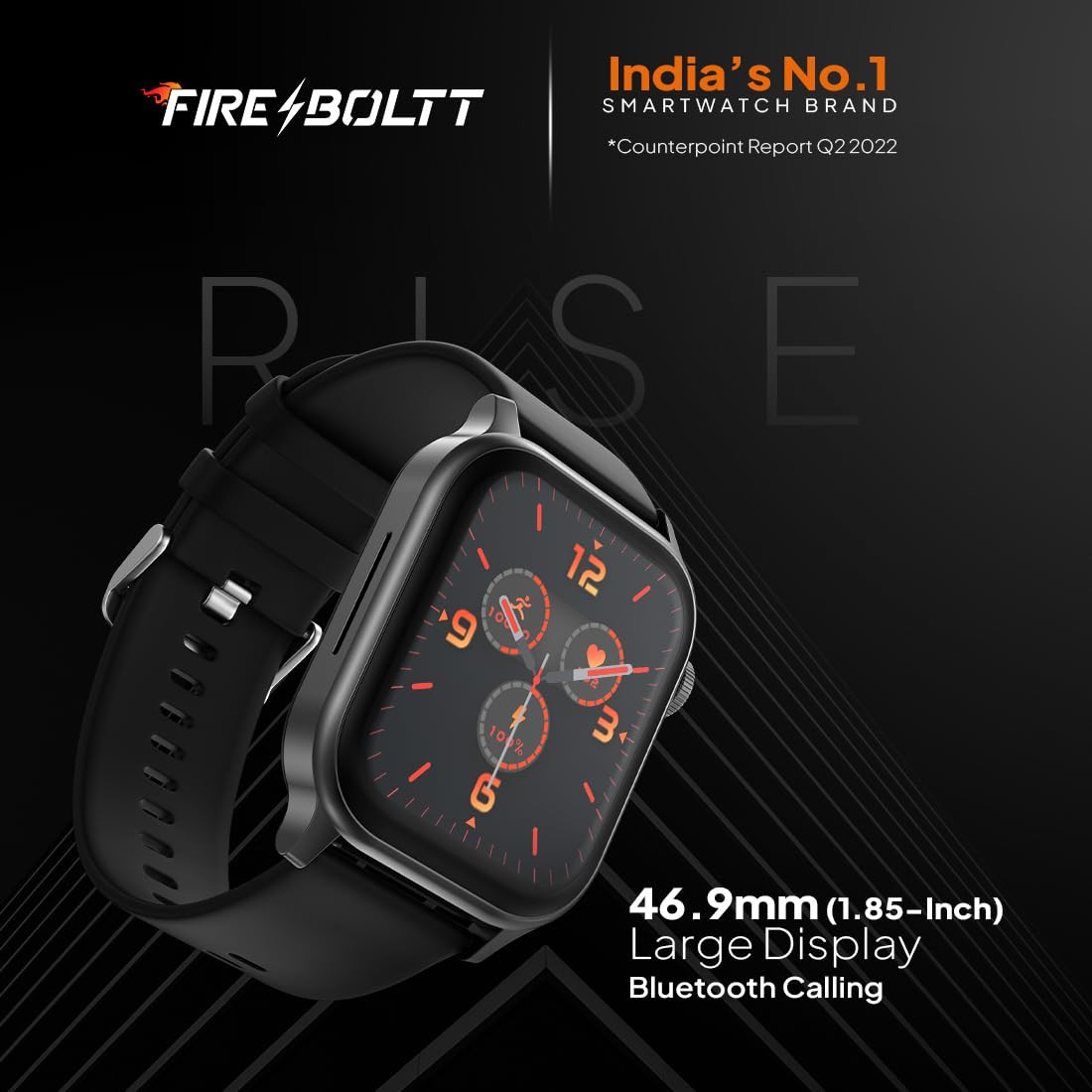 Fire-Boltt Rise Smart Watch 185 HD Display Metal Body with Bluetooth Calling Rotating Crown AI Voice Assistant 120 Sports Modes Neon UI SpO2  Heart Rate Monitoring Black