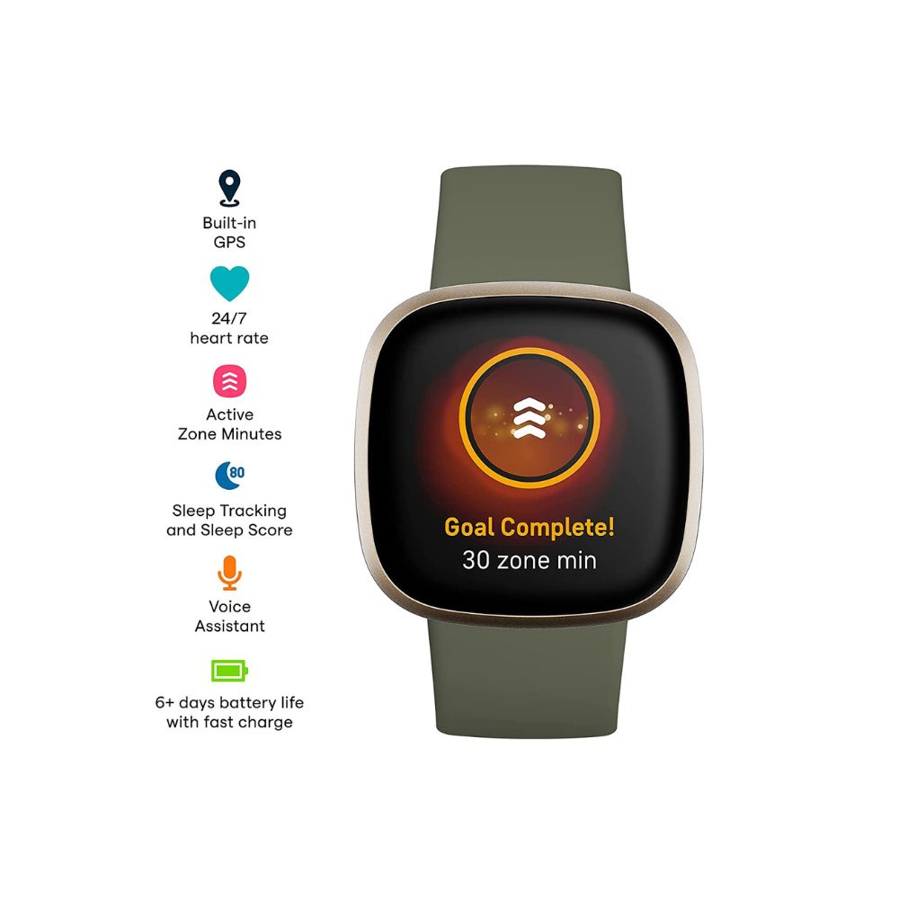 Fitbit Versa 3 FB511BKBK Health & Fitness Smartwatch (Olive/Gold)