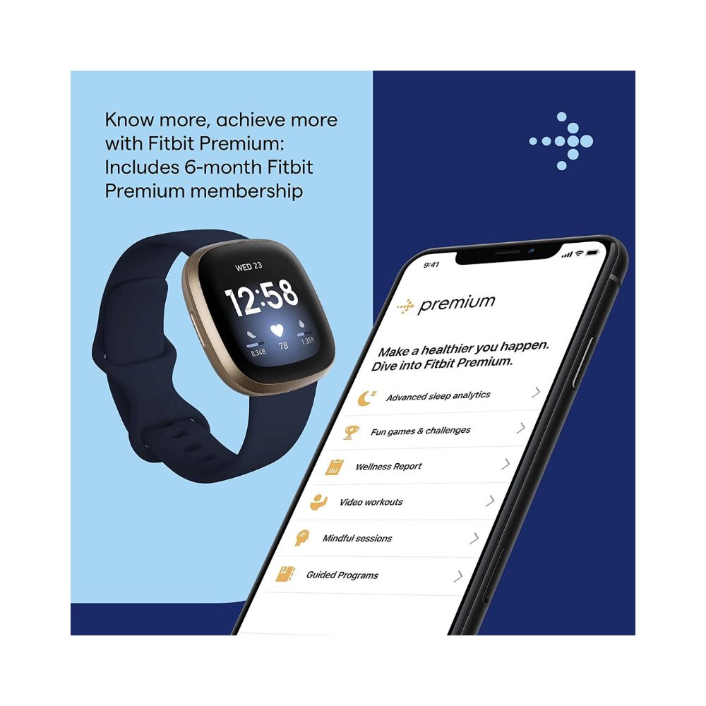 Fitbit Versa 3 Health & Fitness Smartwatch, Midnight Blue/Gold, One Size (S & L Bands Included)