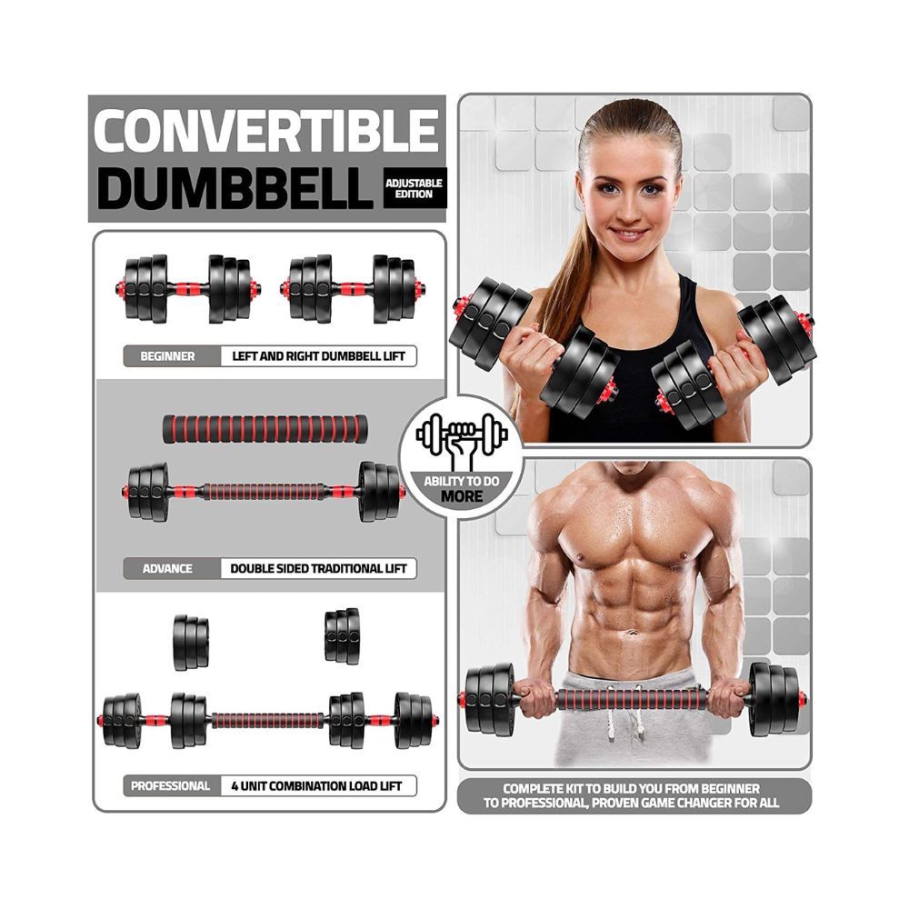 FitBox Sports 3 In 1 Convertible Adjustable Dumbbells kit With Button Shaped Plates 20 Kg (2kg x 4 + 3kg x 4), Black