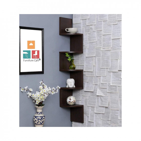 Furniture Cafe Wooden Wall Shelves | Corner Hanging Shelf for Living Room Stylish | Zig Zag Home Decor Floating Display Rack Storage Organizer Unique Design with Finish 5 Tiers (Brown Finish)