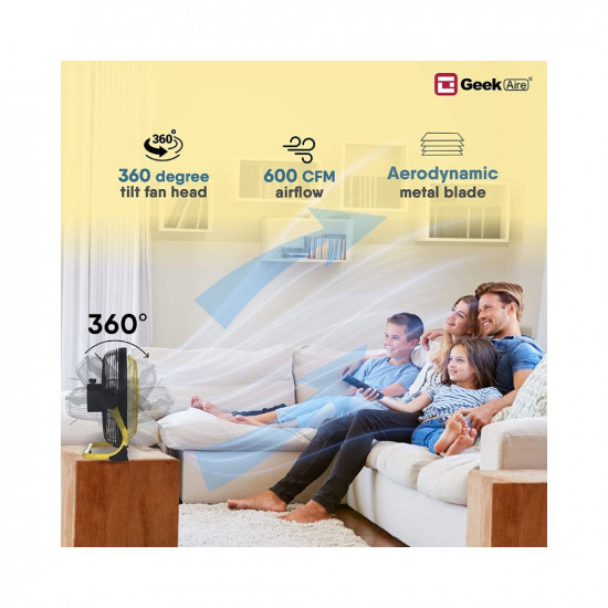 Geek Aire CF3SL Rechargeable Outdoor Metal Fan, 6000mAh Li-ion Battery Fan for Long Run Time of 4-24 Hours with Variable Speed Design for Home & Kitchen | Summer Season | Power Cuts | Sporting | Camping and Outdoor Purpose (11 Inch)