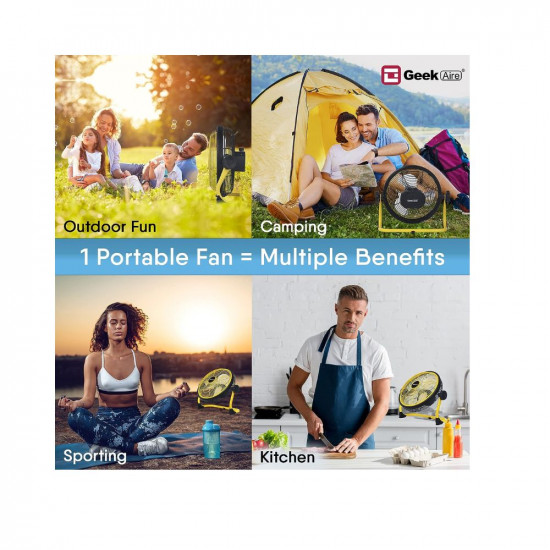 Geek Aire CF3SL Rechargeable Outdoor Metal Fan, 6000mAh Li-ion Battery Fan for Long Run Time of 4-24 Hours with Variable Speed Design for Home & Kitchen | Summer Season | Power Cuts | Sporting | Camping and Outdoor Purpose (11 Inch)