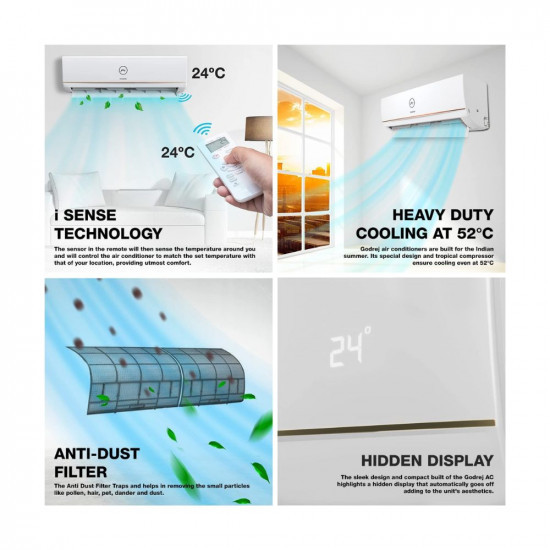 Godrej 1 Ton 5 Star 5-In-1 Convertible Cooling Inverter Split AC Copper I-Sense Technology 2023 Model AC 1T EI 12TINV5R32-GWA Split  AC 1T EI 12TINV5R32-RWB Split White