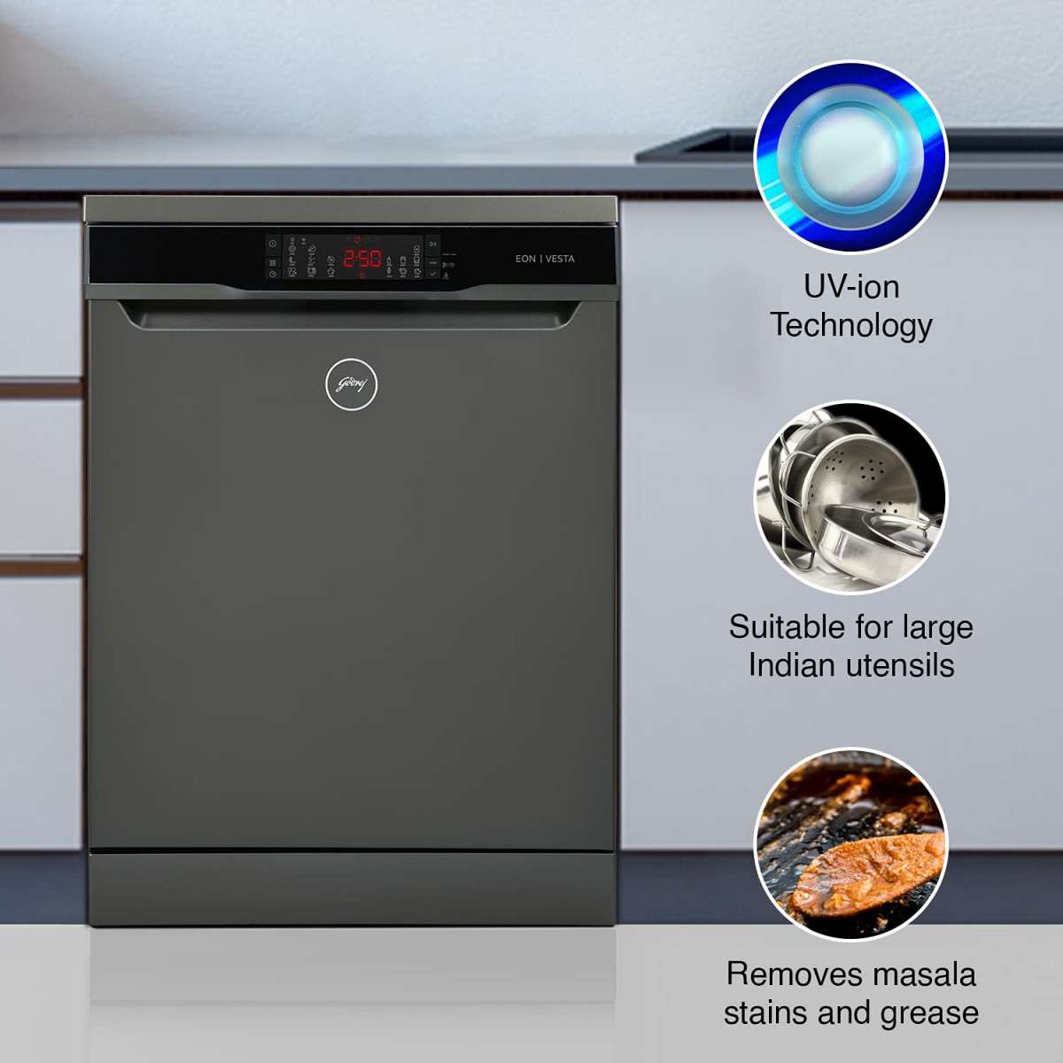 Godrej Eon Dishwasher 12 place setting  Anti-Germ CrystaLight powered by UV Technology  Extra Hygiene Function
