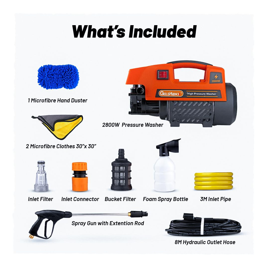 Goldmaxx High Pressure Car Washer Machine 2800 Watts  Soap Dispenser 8 Meters Outlet Hose  Tap Connector with Accessories for Cleaning Cars Bike Home  Garden Orange