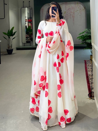 Flower print georgette fabric with jacquard designer pattern with dory  fumka long gown at Rs 699 | Georgette Gown in Surat | ID: 26224728088