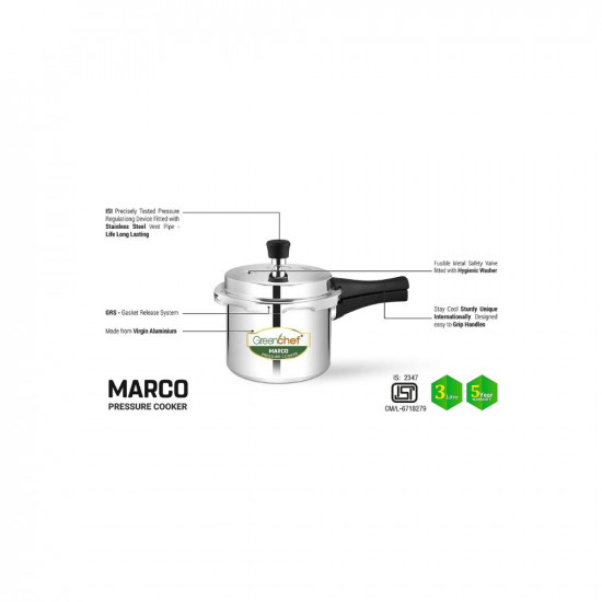 GREENCHEF Marco Aluminium Pressure Cooker Outer Lid 3 Litre capacity ISI Certified Silver Colour