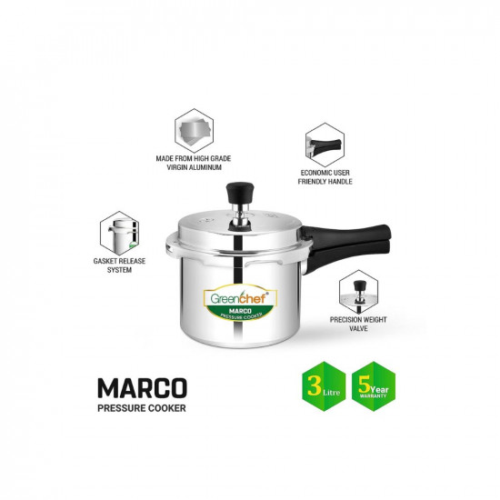 GREENCHEF Marco Aluminium Pressure Cooker Outer Lid 3 Litre capacity ISI Certified Silver Colour