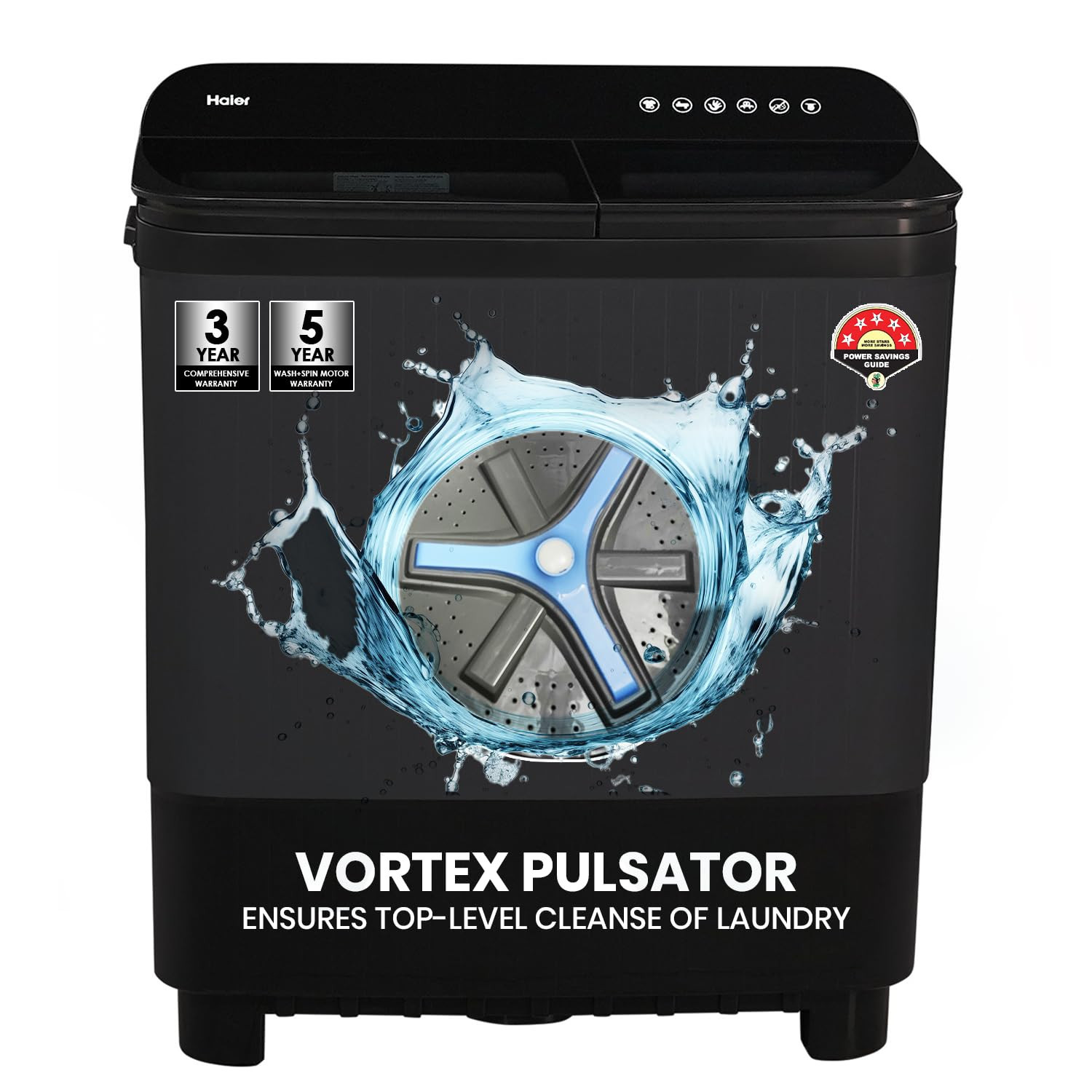 Haier 10 kg 5 Star Toughened Glass  Vortex pulsator Semi Automatic Top Load HTW100-178BKNBlack