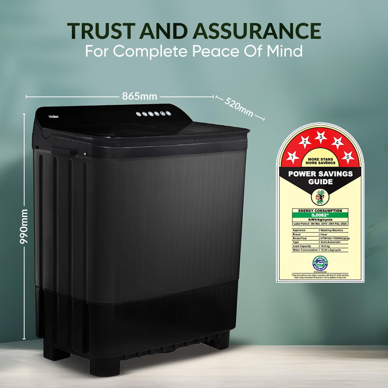 Haier 10 kg 5 Star Toughened Glass  Vortex pulsator Semi Automatic Top Load HTW100-178BKNBlack