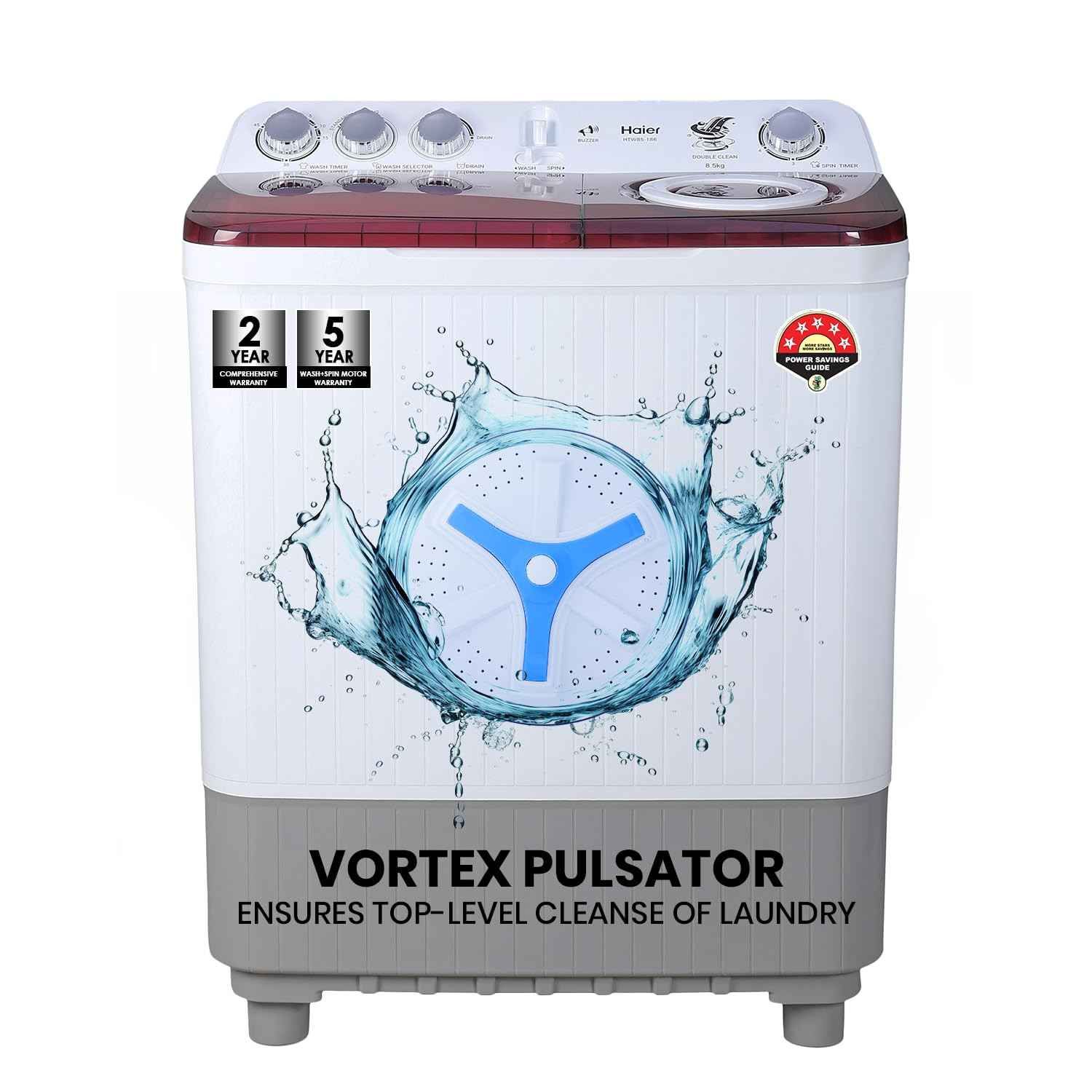 Haier 85 Kg 5 Star Oxyi Dry Technology Semi Automatic Top Loading Washing Machine HTW85-186 Anti Bacterial Vortex Pulsator Magic Filter Rat Mesh Maroon White