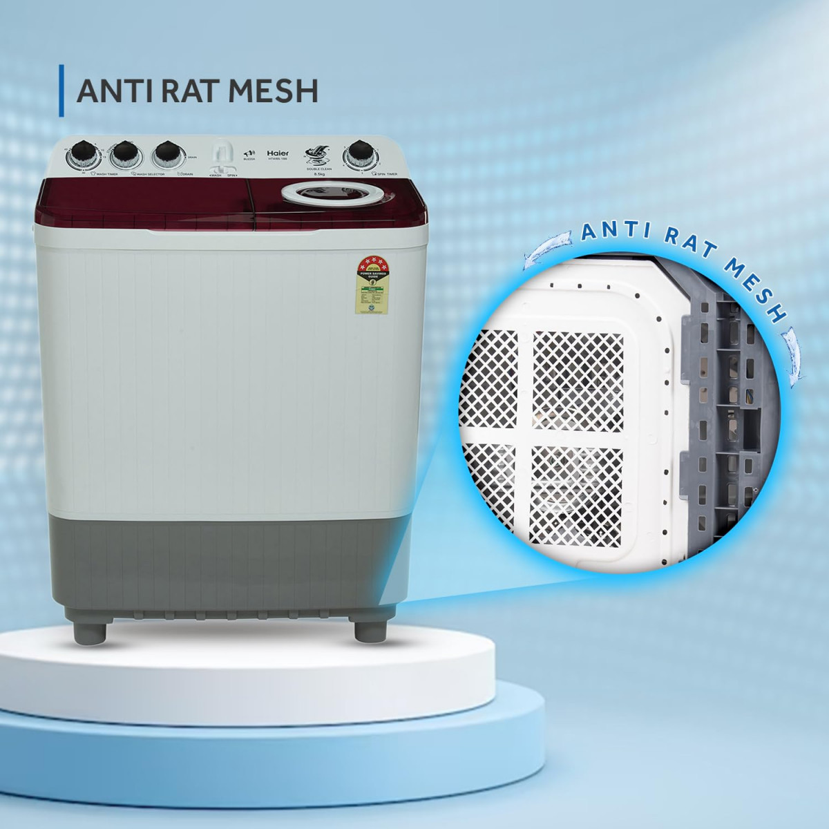 Haier 85 Kg 5 star SEMI Automatic Top Loading Washing Machine HTW85-186 ice white 2024 Anti Bacterial anti bacterial vortex Pulsator Magic Filter 1300 RPM  Castors
