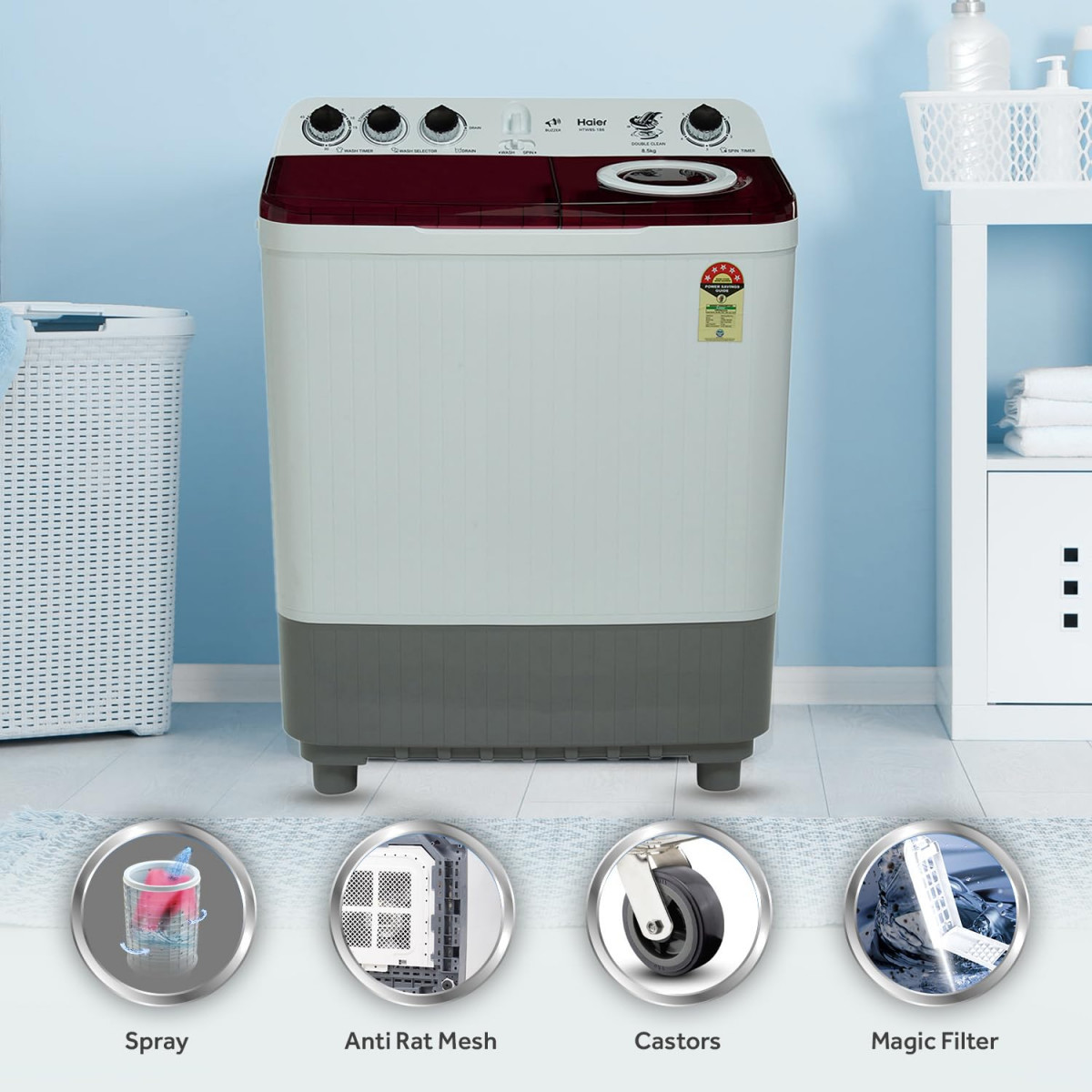 Haier 85 Kg 5 star SEMI Automatic Top Loading Washing Machine HTW85-186 ice white 2024 Anti Bacterial anti bacterial vortex Pulsator Magic Filter 1300 RPM  Castors