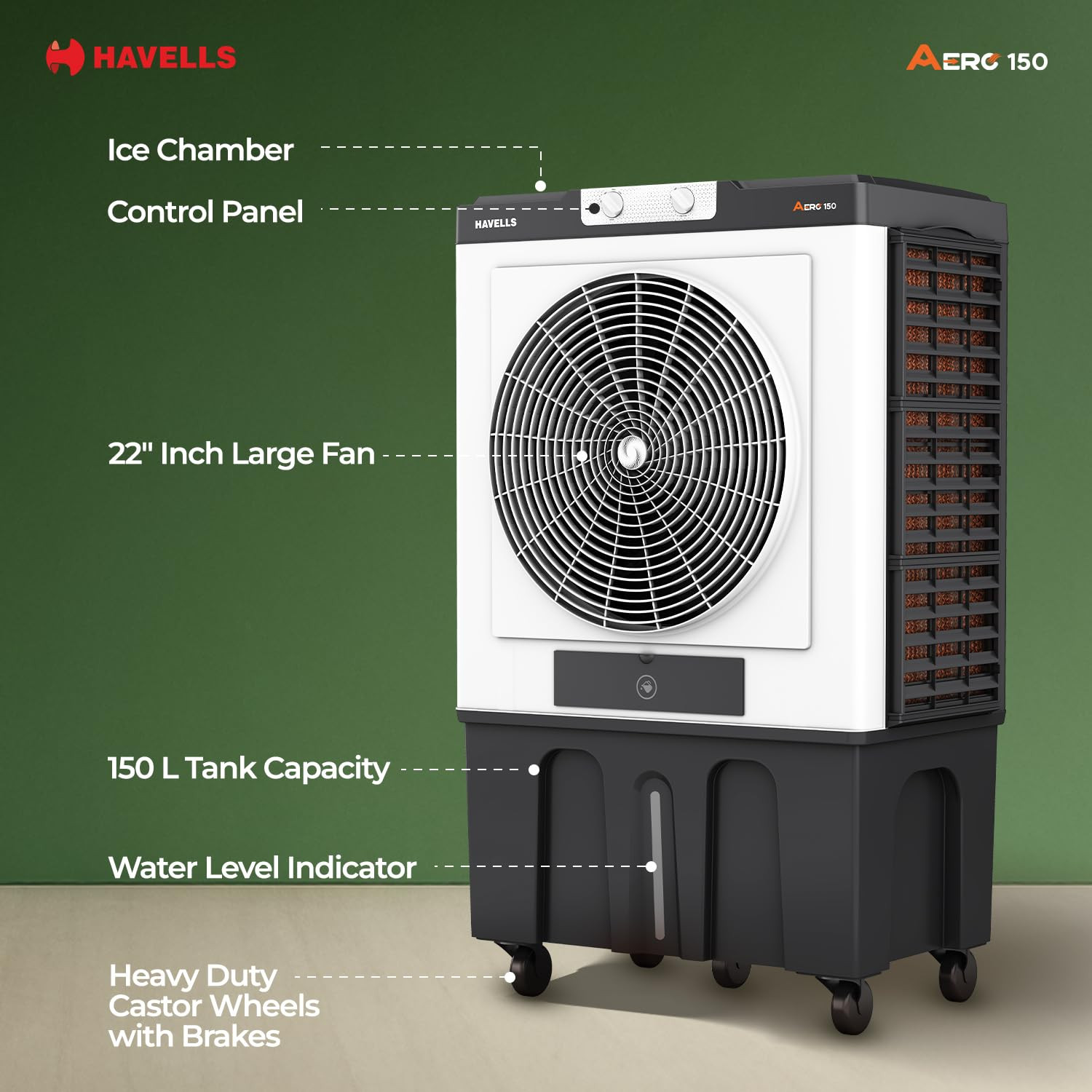 Havells Aero 150 L Premium Commercial Air Cooler 22 Metal Blade Fan Powerful Air-Delivery of 12000 mh 3 Side Bacteria Shield Honeycomb Pads Dust Filter Nets XXL Ice chamber Auto fill function