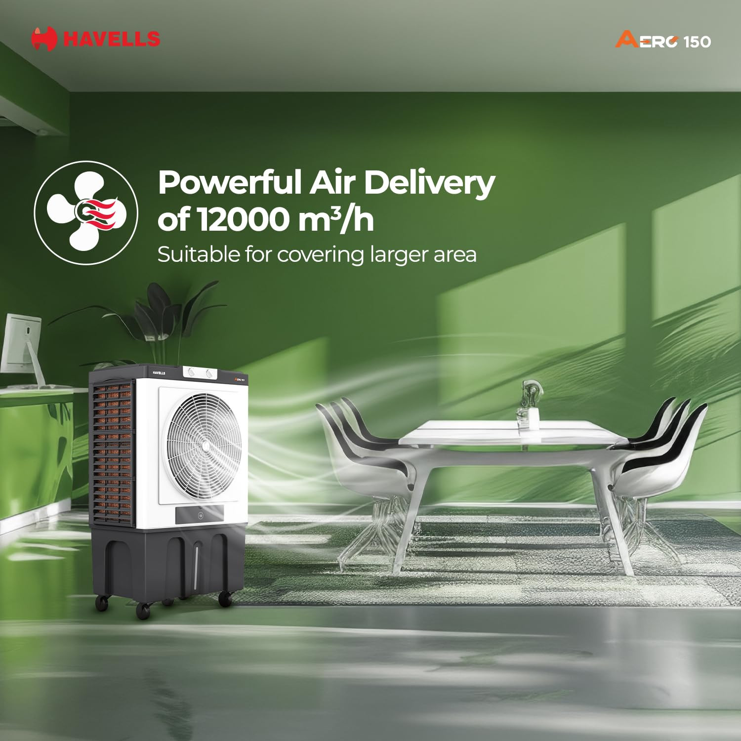 Havells Aero 150 L Premium Commercial Air Cooler 22 Metal Blade Fan Powerful Air-Delivery of 12000 mh 3 Side Bacteria Shield Honeycomb Pads Dust Filter Nets XXL Ice chamber Auto fill function