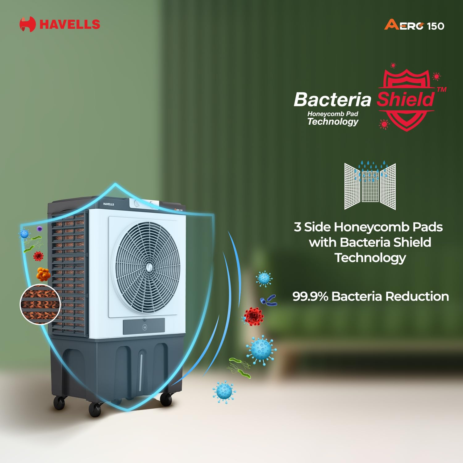 Havells Aero 150 L Premium Commercial Air Cooler 22 Metal Blade Fan Powerful Air-Delivery of 12000 mh 3 Side Bacteria Shield Honeycomb Pads Dust Filter Nets XXL Ice chamber Auto fill function