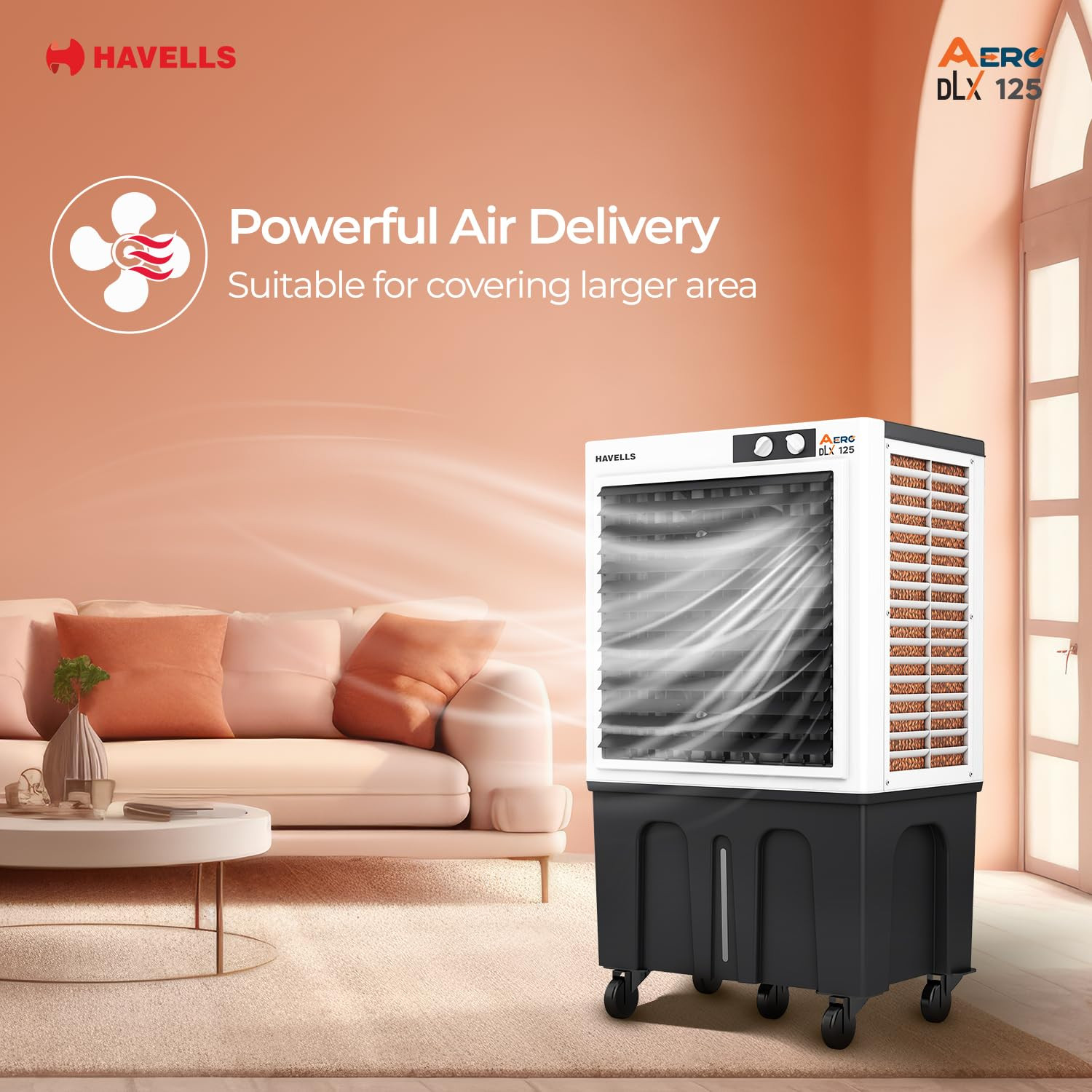Havells Aero DLX 125 L Premium Commercial Air CoolerPowerful Air-Delivery 3 Side Honeycomb Pads with Bacteria Shield TechnologyFully Collapsible LouversAuto fill functionDouble Ball bearing Motor