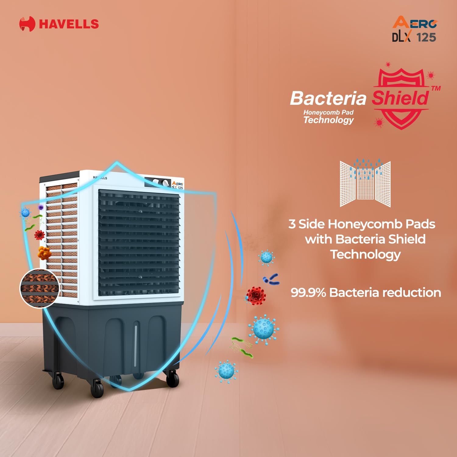 Havells Aero DLX 125 L Premium Commercial Air CoolerPowerful Air-Delivery 3 Side Honeycomb Pads with Bacteria Shield TechnologyFully Collapsible LouversAuto fill functionDouble Ball bearing Motor