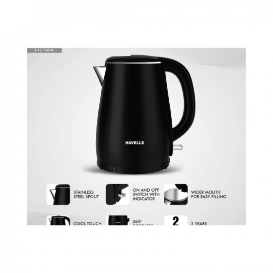 Havells Altro 15 Litre Double Wall Kettle  304 Stainless Steel Inner BodyCool Touch Outer BodyWider Mouth 2 Year Warranty Black 1250 Watt