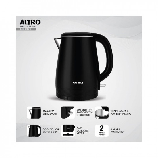 Havells Altro 15 Litre Double Wall Kettle  304 Stainless Steel Inner BodyCool Touch Outer BodyWider Mouth 2 Year Warranty Black 1250 Watt
