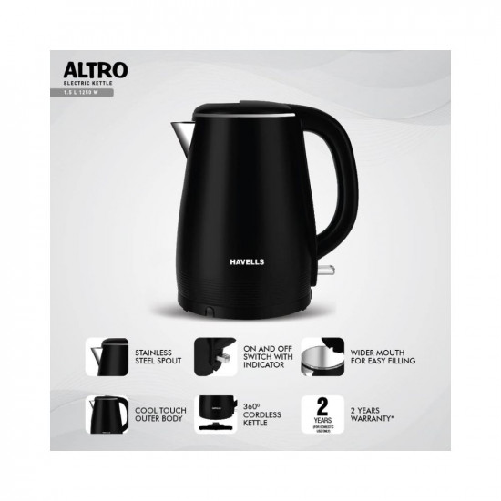 Havells Altro 1.5 Litre Double Wall Kettle / 304 Stainless Steel Inner Body/Cool Touch Outer Body/Wider Mouth/ 2 Year Warranty (Black, 1250 Watt)