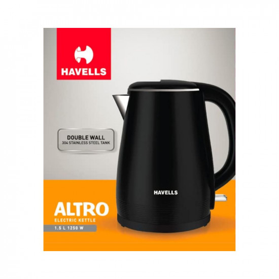 Havells Altro 1.5 Litre Double Wall Kettle / 304 Stainless Steel Inner Body/Cool Touch Outer Body/Wider Mouth/ 2 Year Warranty (Black, 1250 Watt)