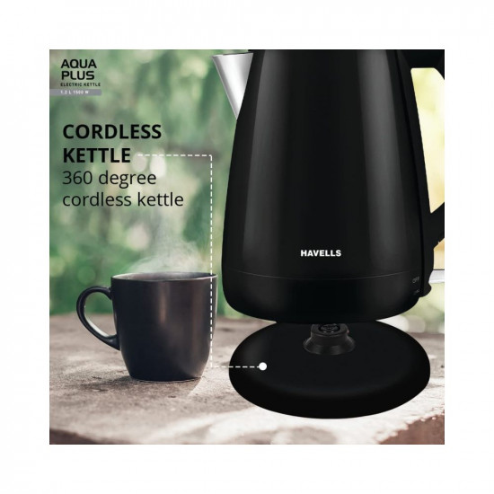 Havells AQUA PLUS 1500W 1.2L Electric Kettle, Double Layered Cool Touch Outer Body | 304 Rust Resistant SS Inner Body with Auto Shut Off | Wider Mouth | 2 Year Warranty (Black)