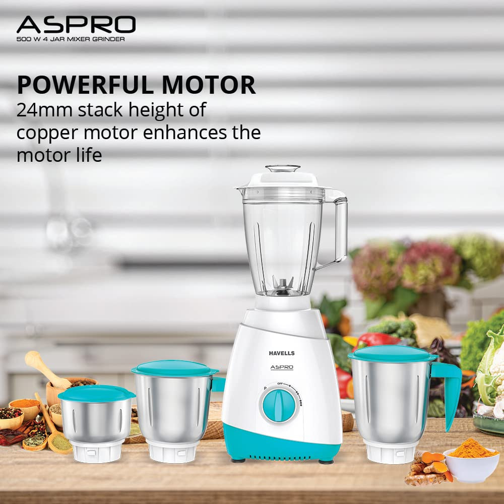 Havells Aspro 4 Jar 500 watt Mixer Grinder with 1.75Ltr Polycarbonate Jar with Fruit Filter, 21000 RPM, Overload Protector, 2 Yr Product & 5 Yr Motor Warranty (White and Light Blue)