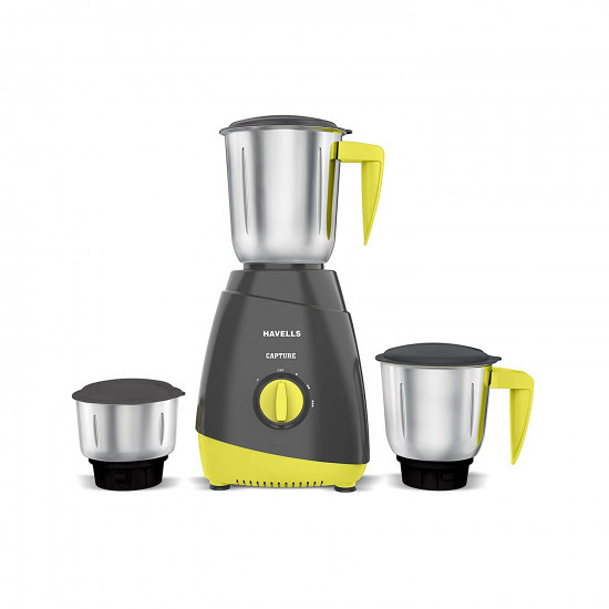 Havells Capture 500W 3 Jar Mixer Grinder High Speed 21000 RPM Motor 304 SS Blades 5 Years Motor Warranty with Overload Protector 15 Ltr Bigger Size Blending Jar I Grey  Green