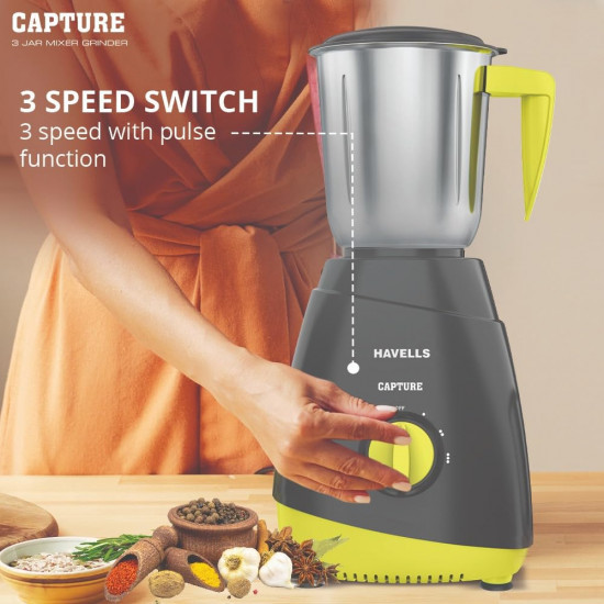 Havells Capture 500W 3 Jar Mixer Grinder High Speed 21000 RPM Motor 304 SS Blades 5 Years Motor Warranty with Overload Protector 15 Ltr Bigger Size Blending Jar I Grey  Green